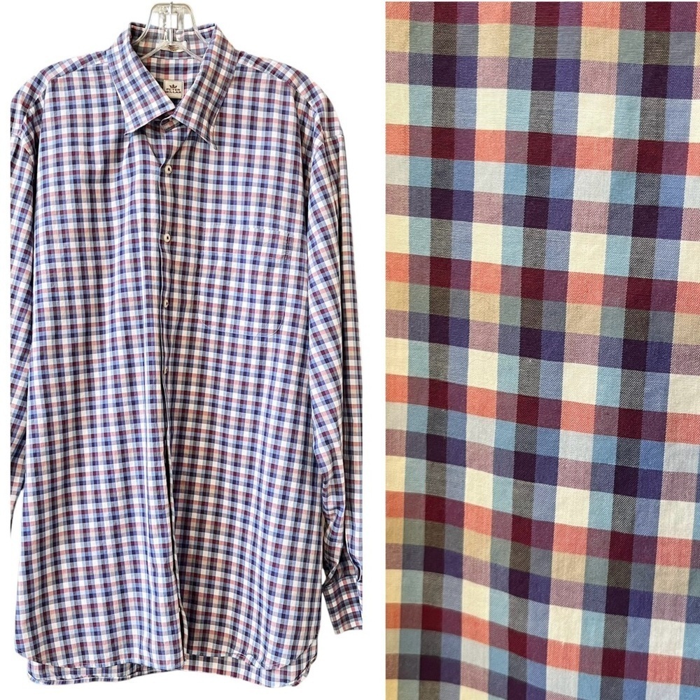 Peter Millar Button Down Size XL Blue Pink Plaid Long Sleeve Casual Cotton Shirt